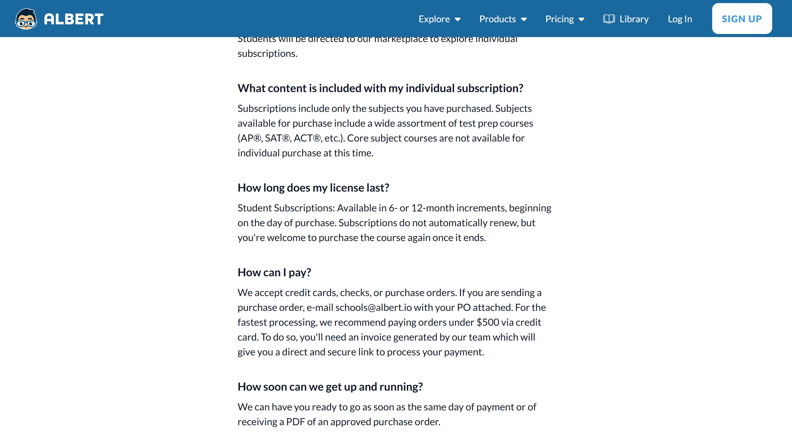 Albert student pricing page showing subscriptions sold per subject in 6 or 12 month increments, with a note that student subscriptions do not automatically renew