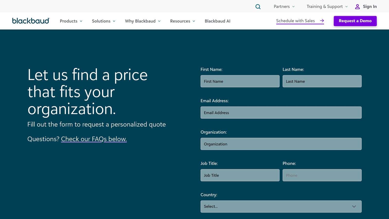 Blackbaud pricing page headed Let us find a price that fits your organization, a quote request form with no prices anywhere on it, captured 4 September 2026