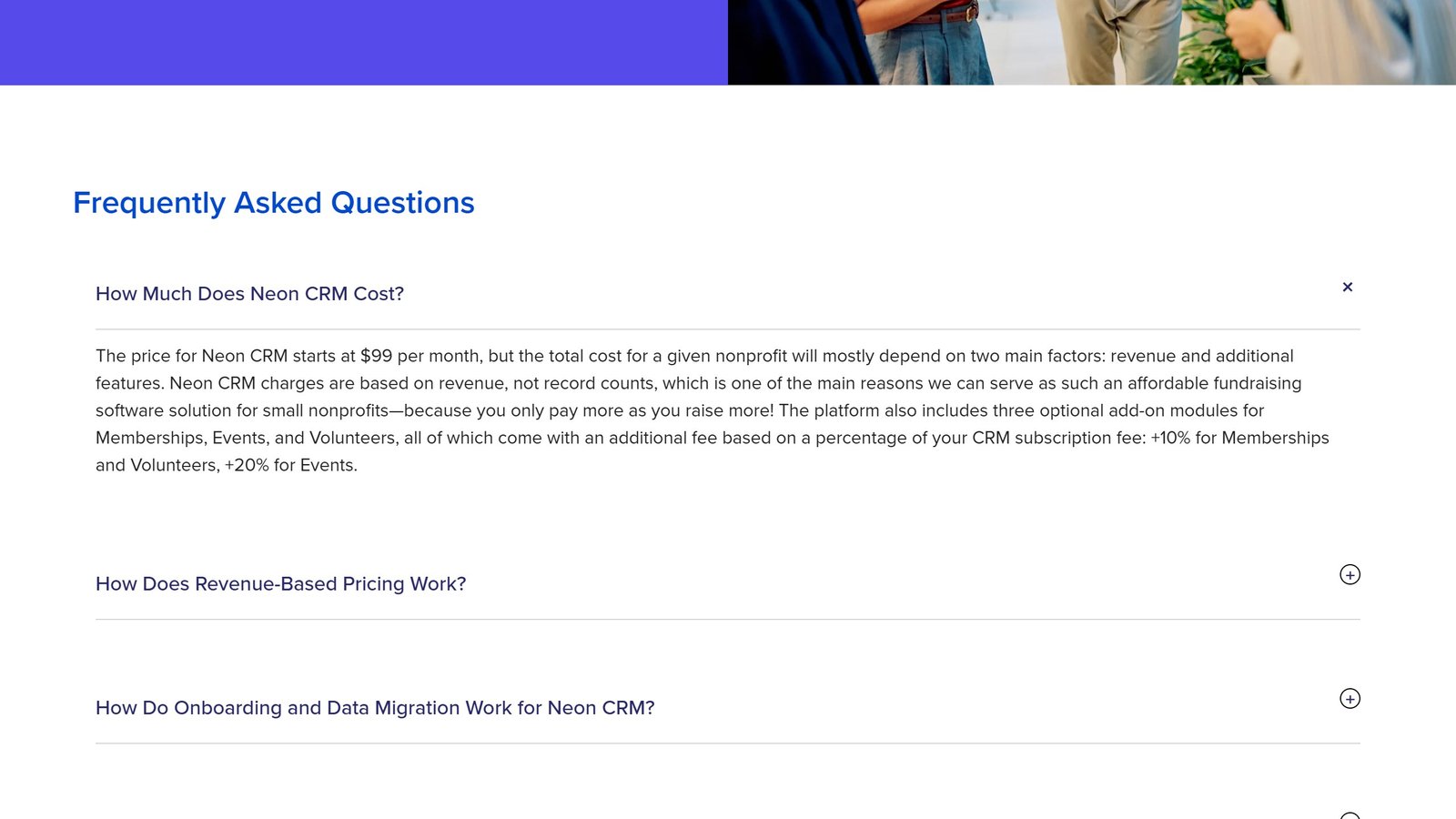 Neon CRM pricing page showing the platform starting at 99 dollars a month with modules priced as a percentage of the subscription, captured 4 September 2026