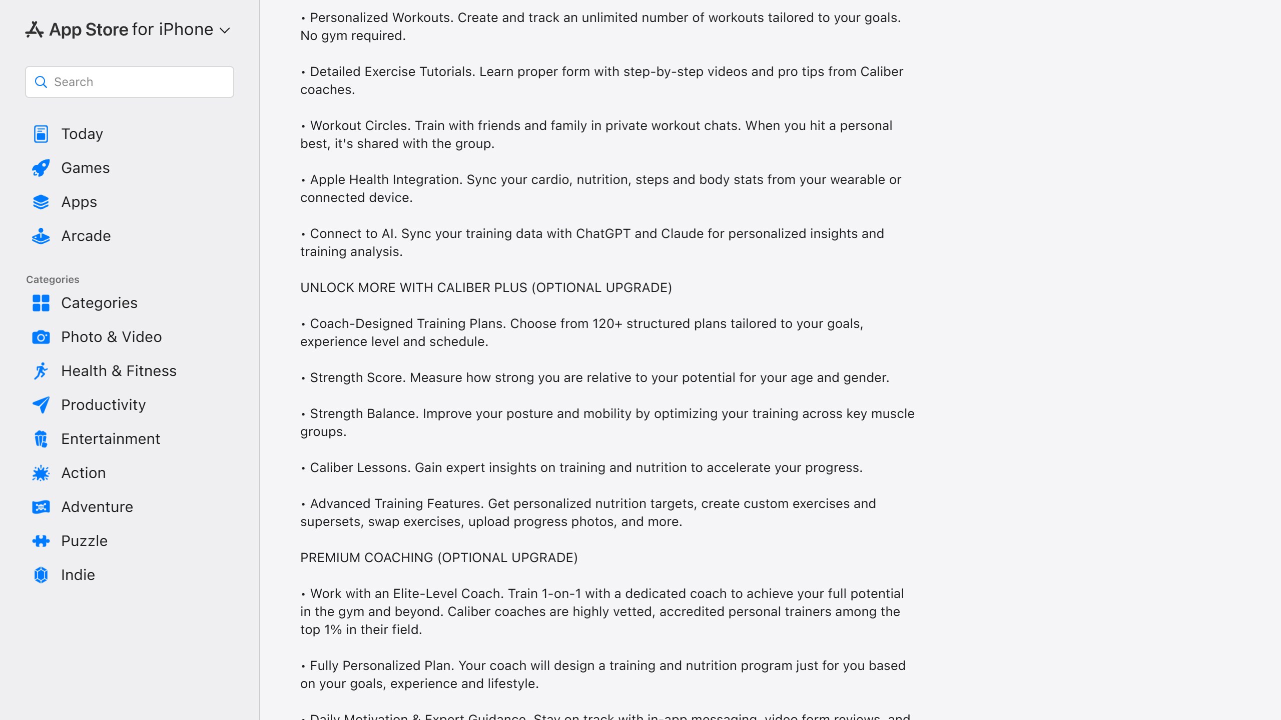 Caliber US App Store listing showing the free Connect to AI feature, syncing training data with ChatGPT and Claude, above the paid Caliber Plus features