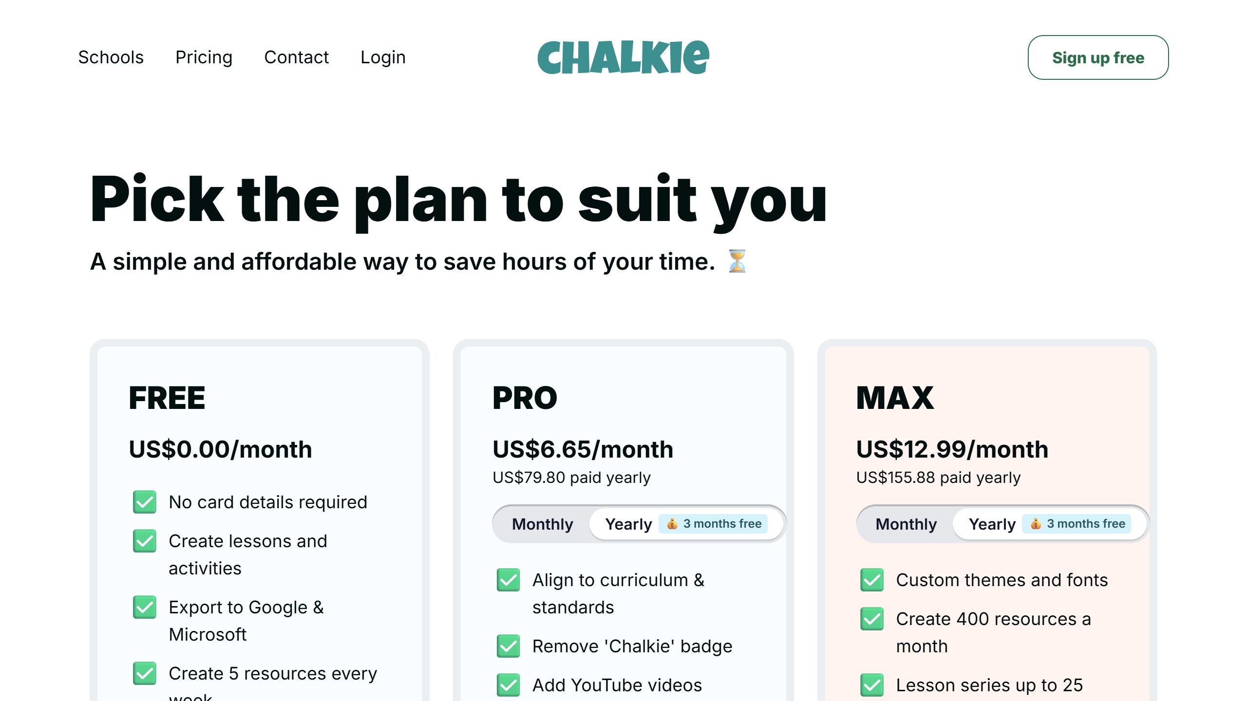 Chalkie pricing page as published on 4 September 2026