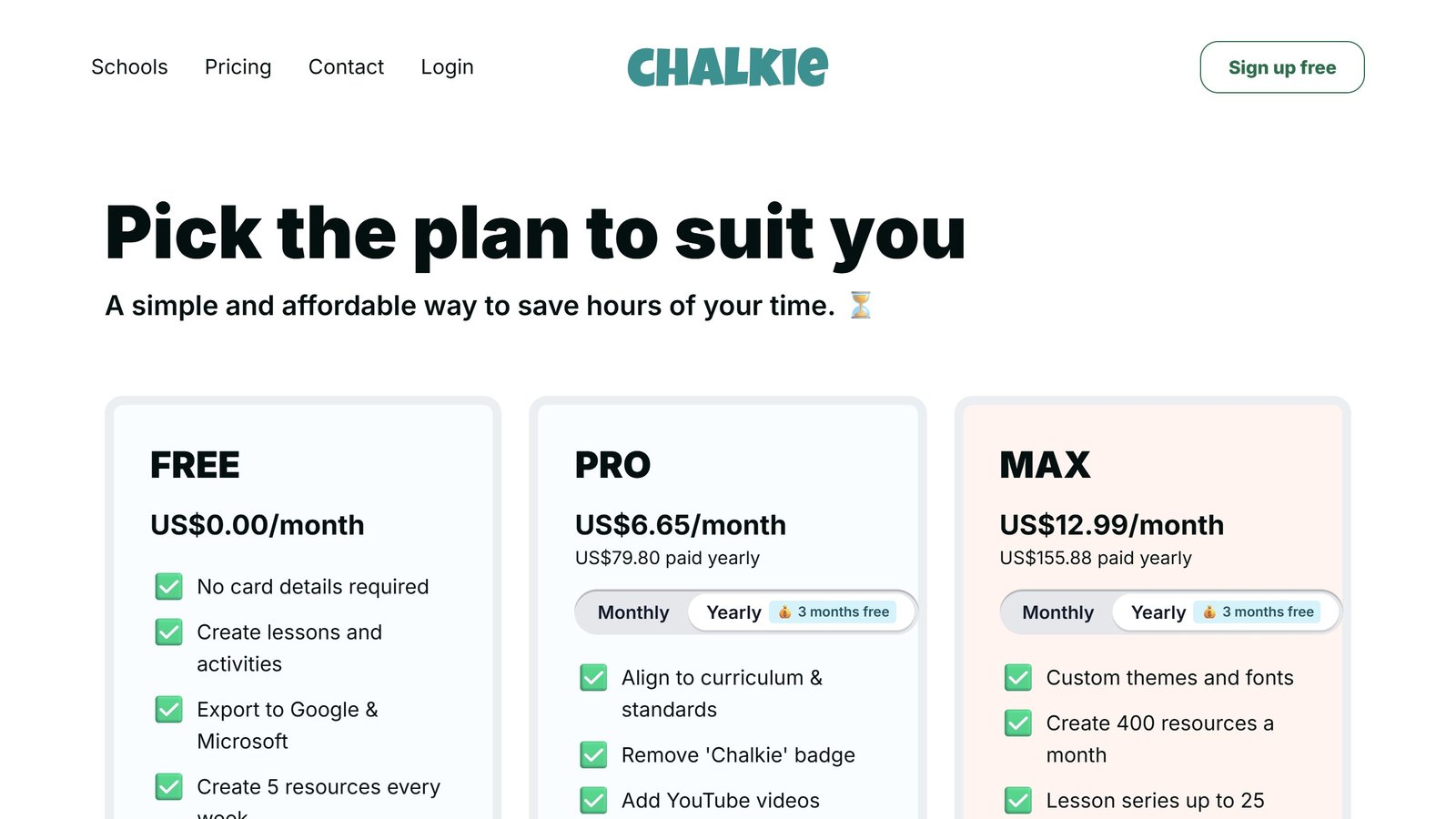 Chalkie pricing page as published on 4 September 2026