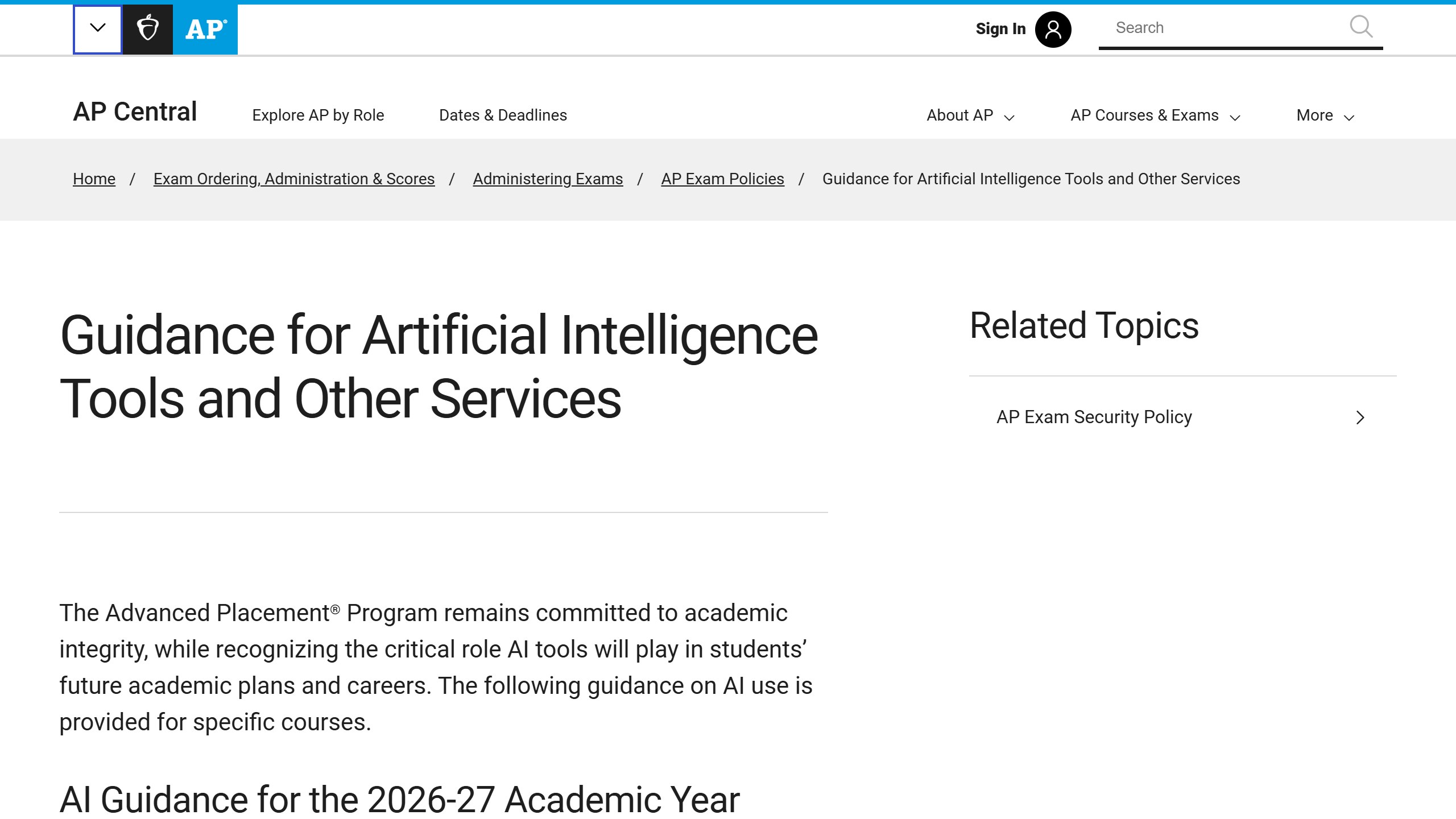 College Board AP Central page titled Guidance for Artificial Intelligence Tools and Other Services, stating that guidance on AI use is provided for specific courses, above a heading reading AI Guidance for the 2026-27 Academic Year