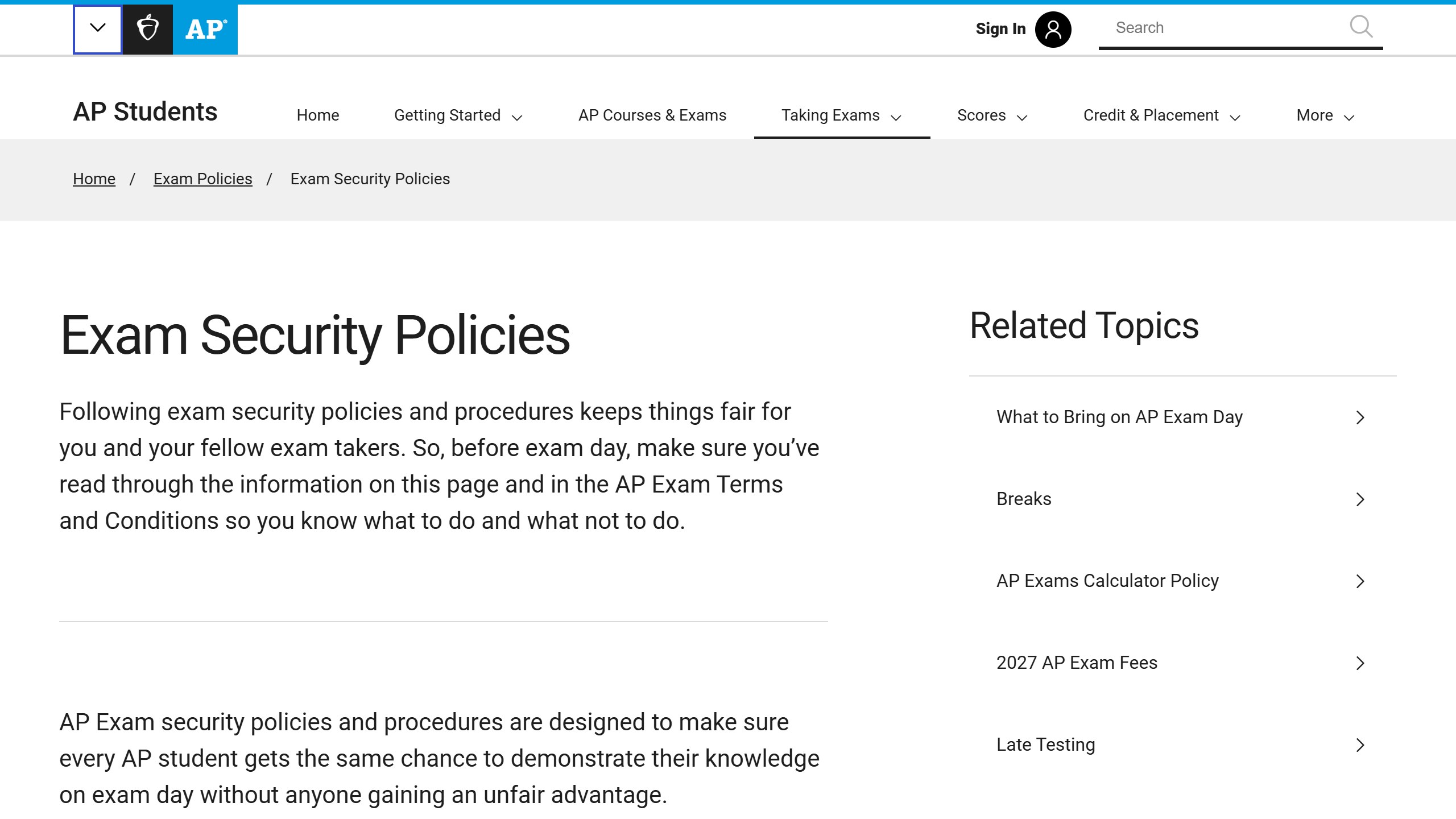 College Board AP Students page on exam security policies, stating that College Board will automatically cancel an exam score if a student is discovered disclosing multiple-choice content or unreleased free-response content