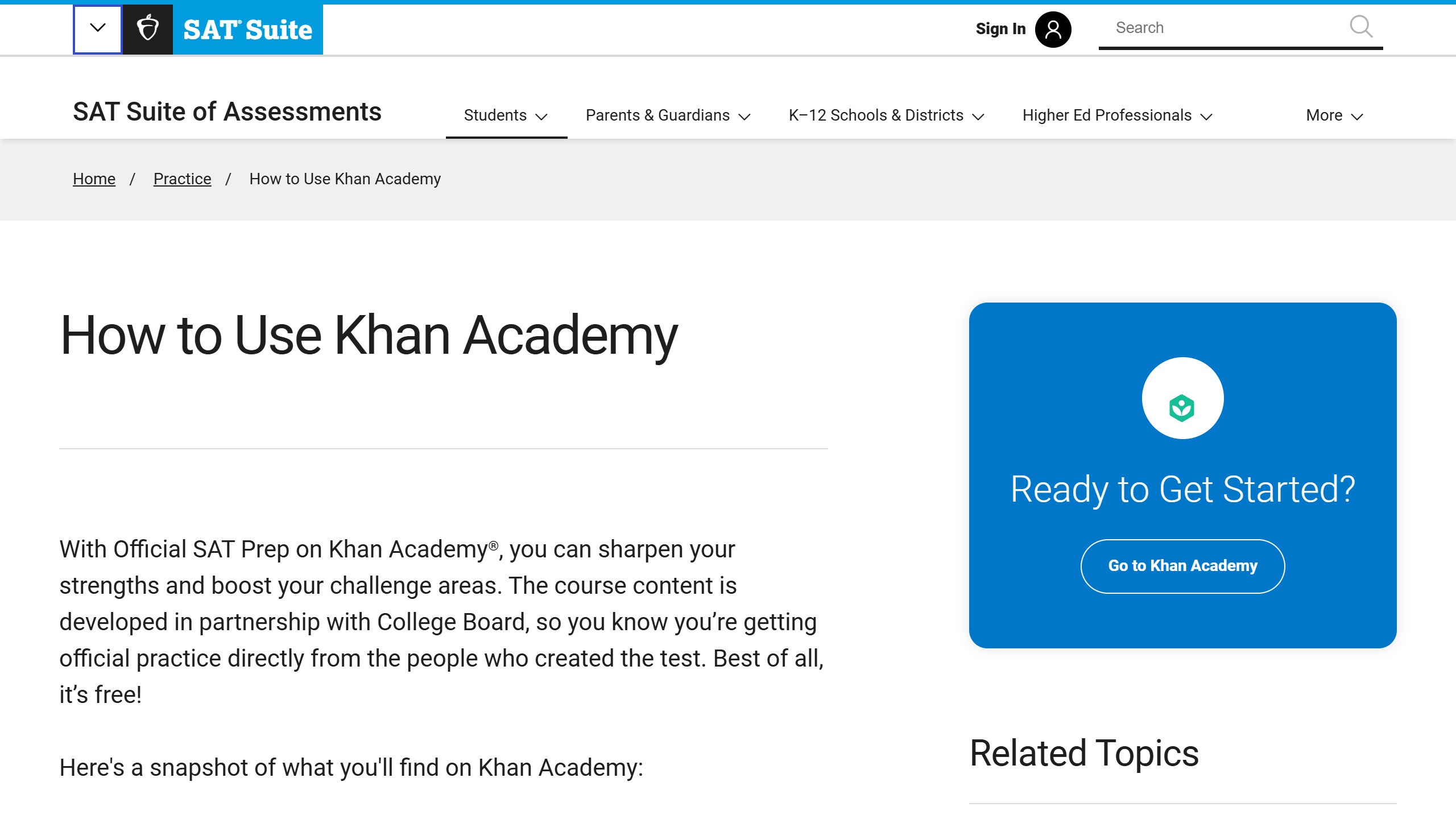 College Board SAT Suite page titled How to Use Khan Academy, describing Official SAT Prep on Khan Academy as developed in partnership with College Board and free