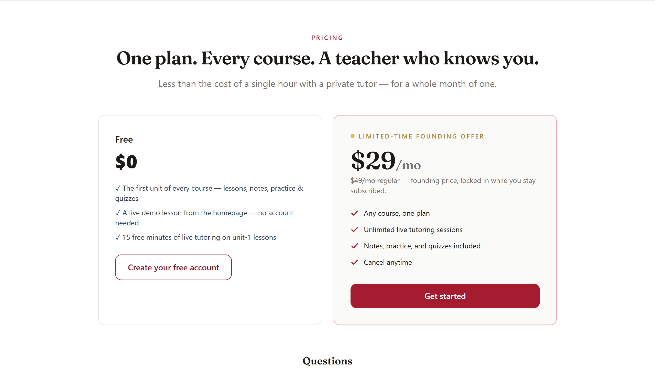 Crimsora pricing page showing a free tier at $0 with the first unit of every course and 15 free minutes of live tutoring, beside a $29 a month founding offer against a $49 a month regular price