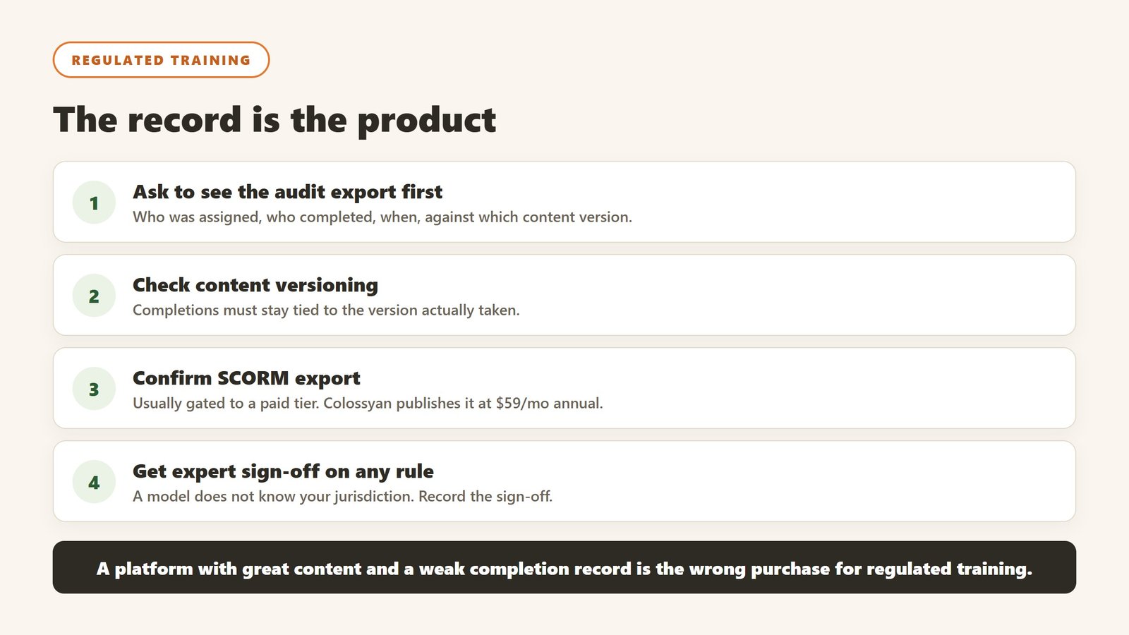 Four checks for regulated training software: audit export, content versioning, SCORM export, and expert sign-off on any stated rule