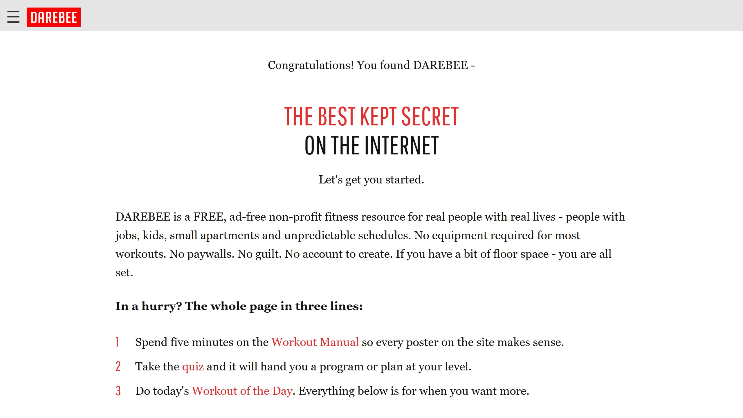 DAREBEE get started page describing itself as a free, ad-free non-profit fitness resource with no paywalls and no account to create