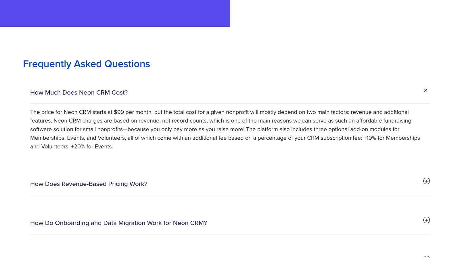 Neon CRM pricing page showing the platform starting at 99 dollars a month with modules priced as a percentage of the subscription, captured 4 September 2026