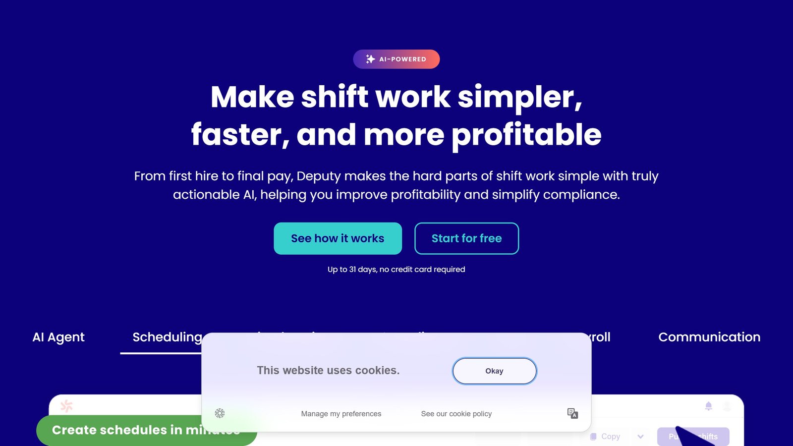 Deputy homepage showing its employee scheduling, HR and payroll platform for shift based businesses