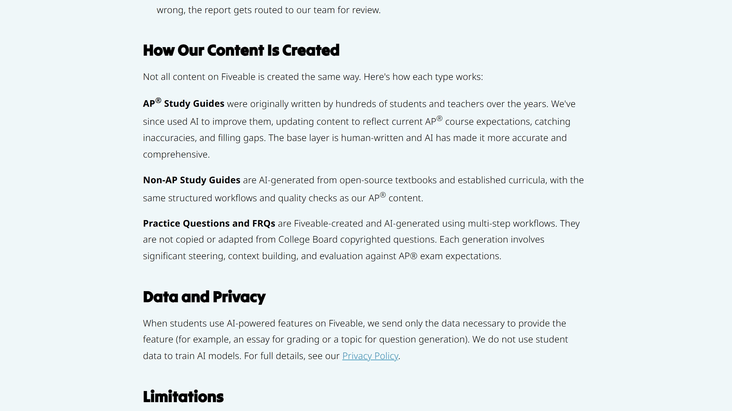 Fiveable AI transparency page explaining how its content is created, stating that practice questions and free-response questions are AI-generated using multi-step workflows and are not copied or adapted from College Board copyrighted questions