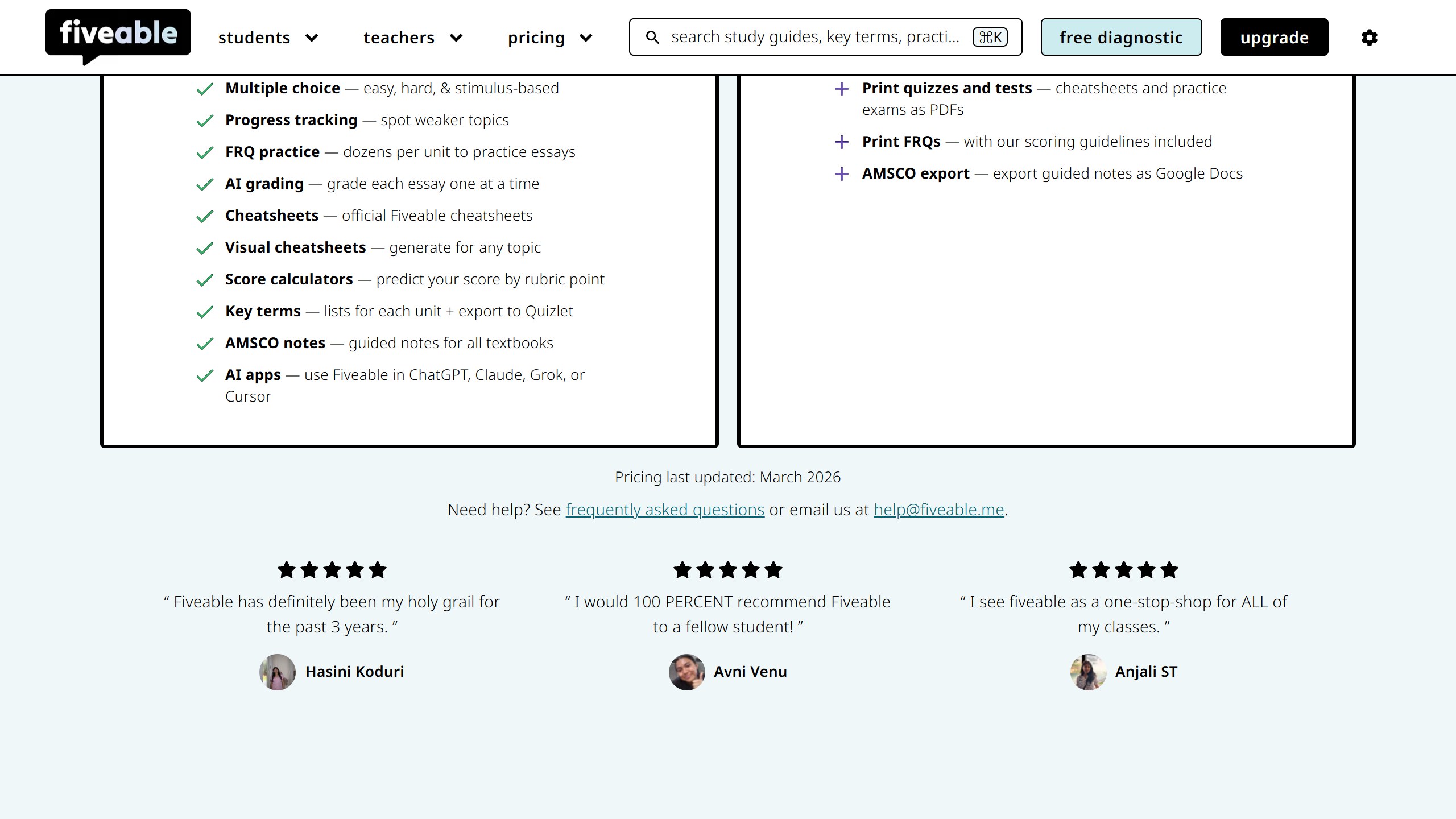 Fiveable pricing page showing the Student Workspace at $79 a year or $29 a month and a $129 a year tier that adds printing, with a note that pricing was last updated in March 2026