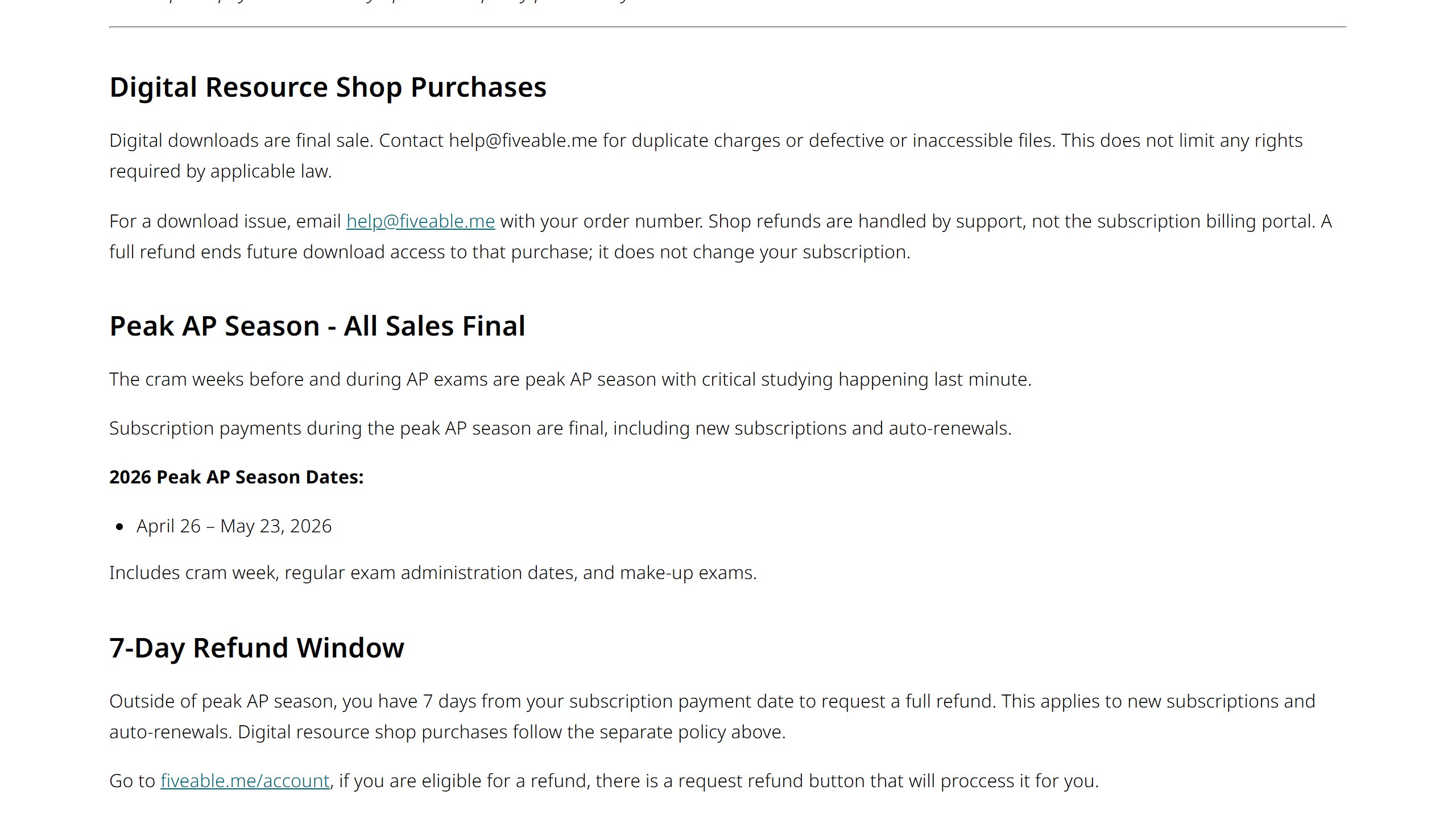 Fiveable refund policy page with a section headed Peak AP Season, All Sales Final, stating that subscription payments during peak AP season are final including new subscriptions and auto-renewals, with 2026 dates of 26 April to 23 May