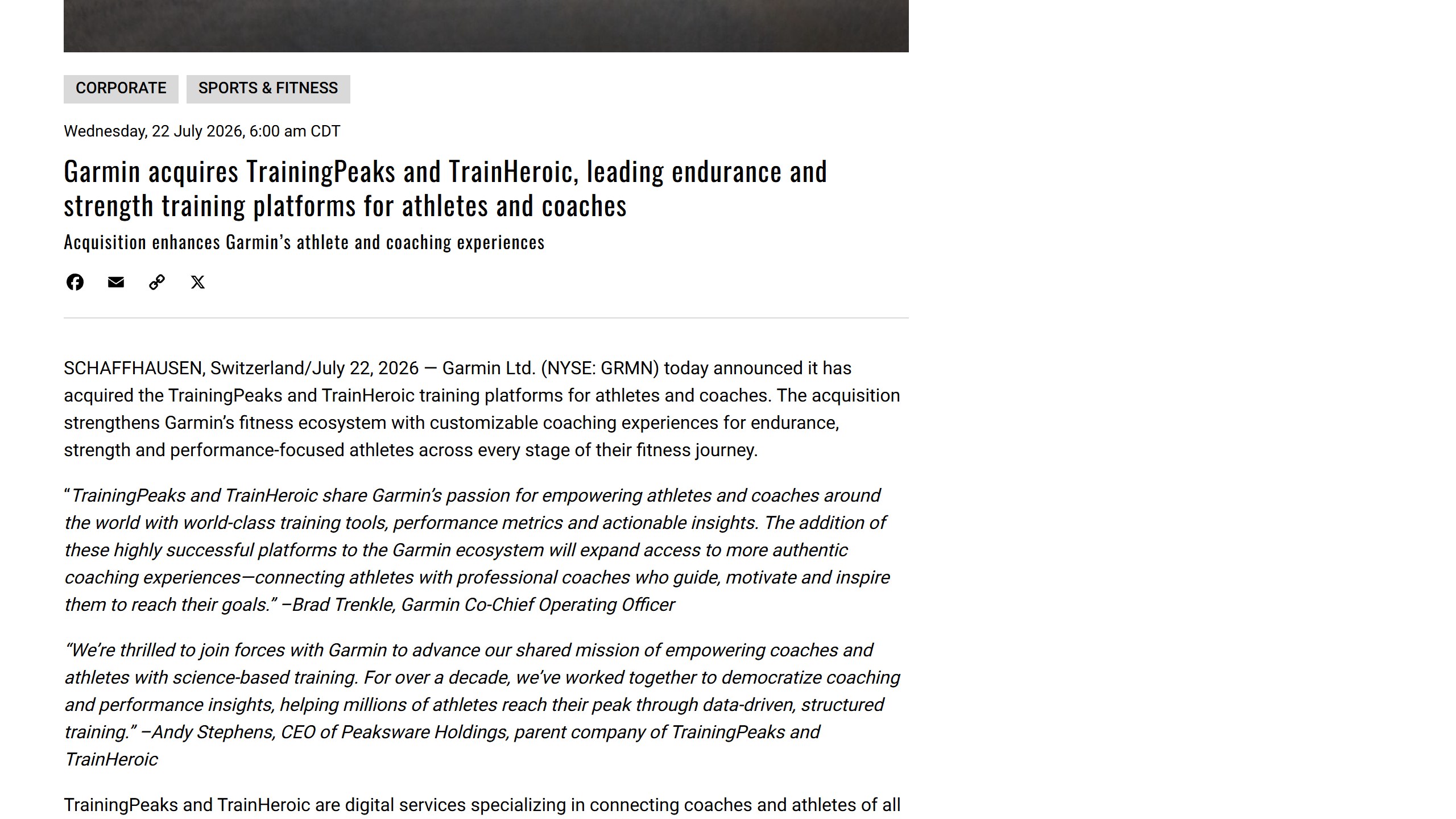 Garmin newsroom release dated 22 July 2026 announcing that Garmin has acquired the TrainingPeaks and TrainHeroic training platforms