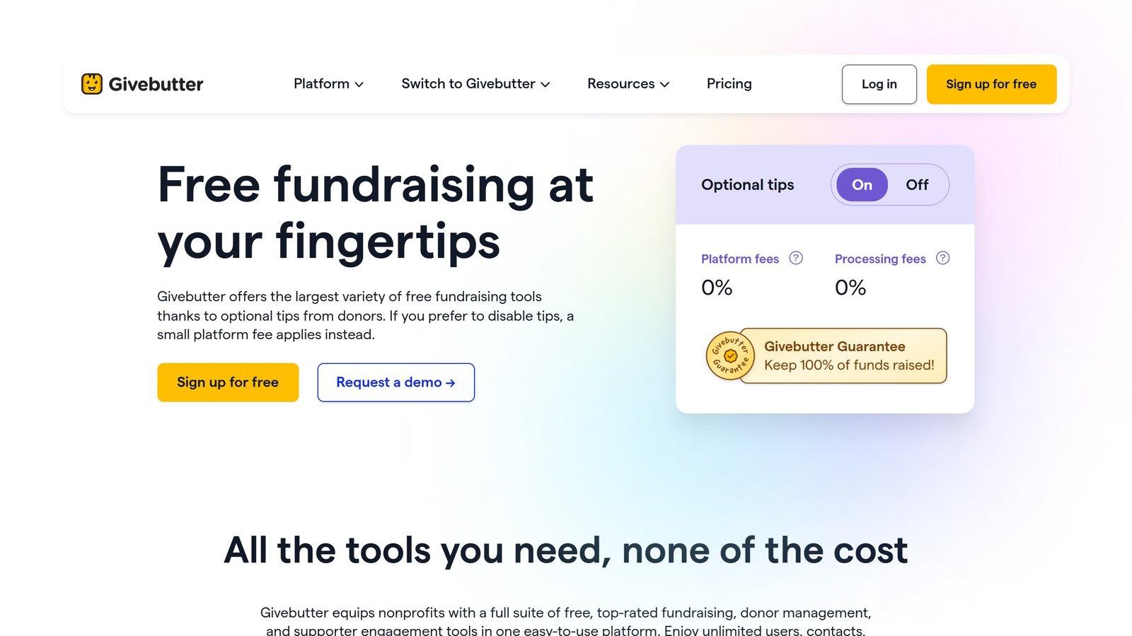 Givebutter pricing page as published on 4 September 2026