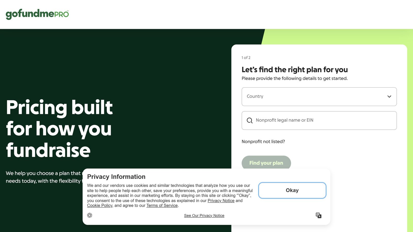 GoFundMe Pro pricing page showing a request form and the FAQ answer stating custom pricing combining an annual upfront subscription with a transaction fee per donation, captured 4 September 2026
