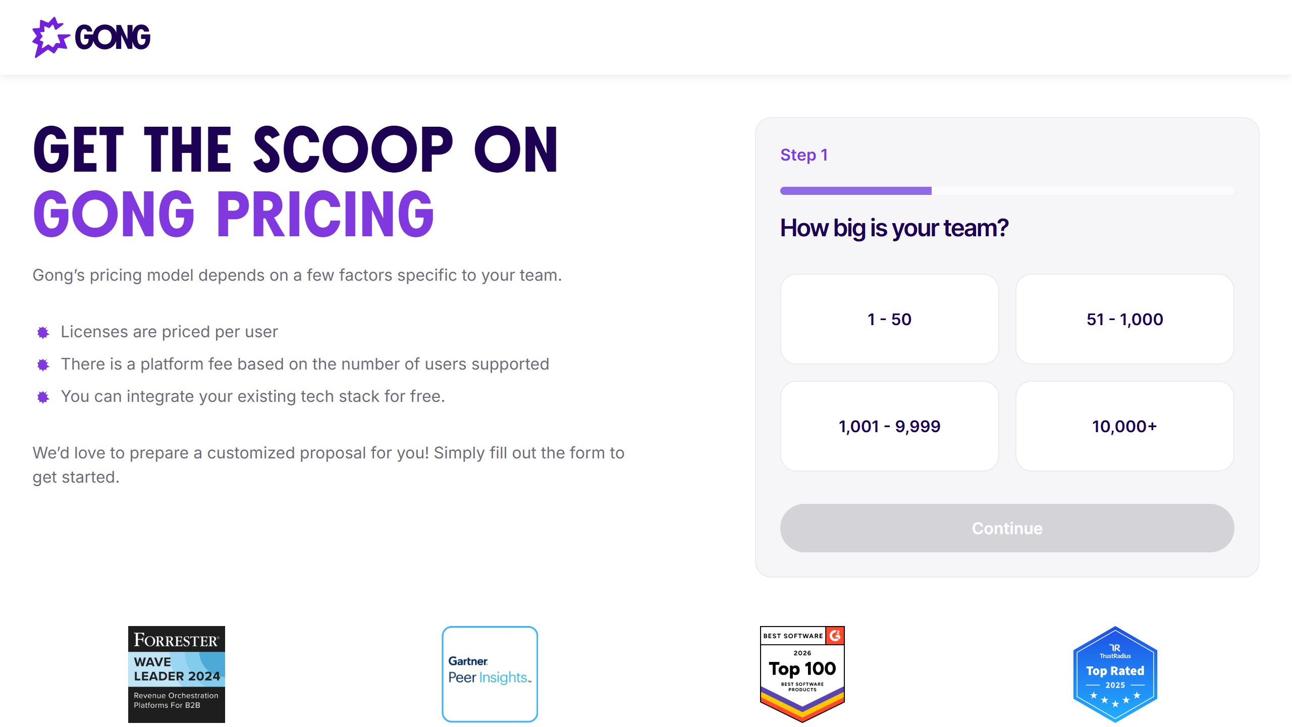 Gong pricing page stating licenses are priced per user and there is a platform fee based on the number of users supported, captured 4 September 2026