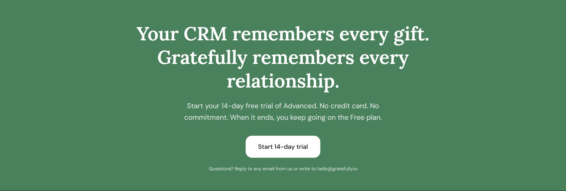 Gratefully pricing page inviting nonprofits to start a 14-day free trial of its Advanced plan with no credit card, then continue on the Free plan