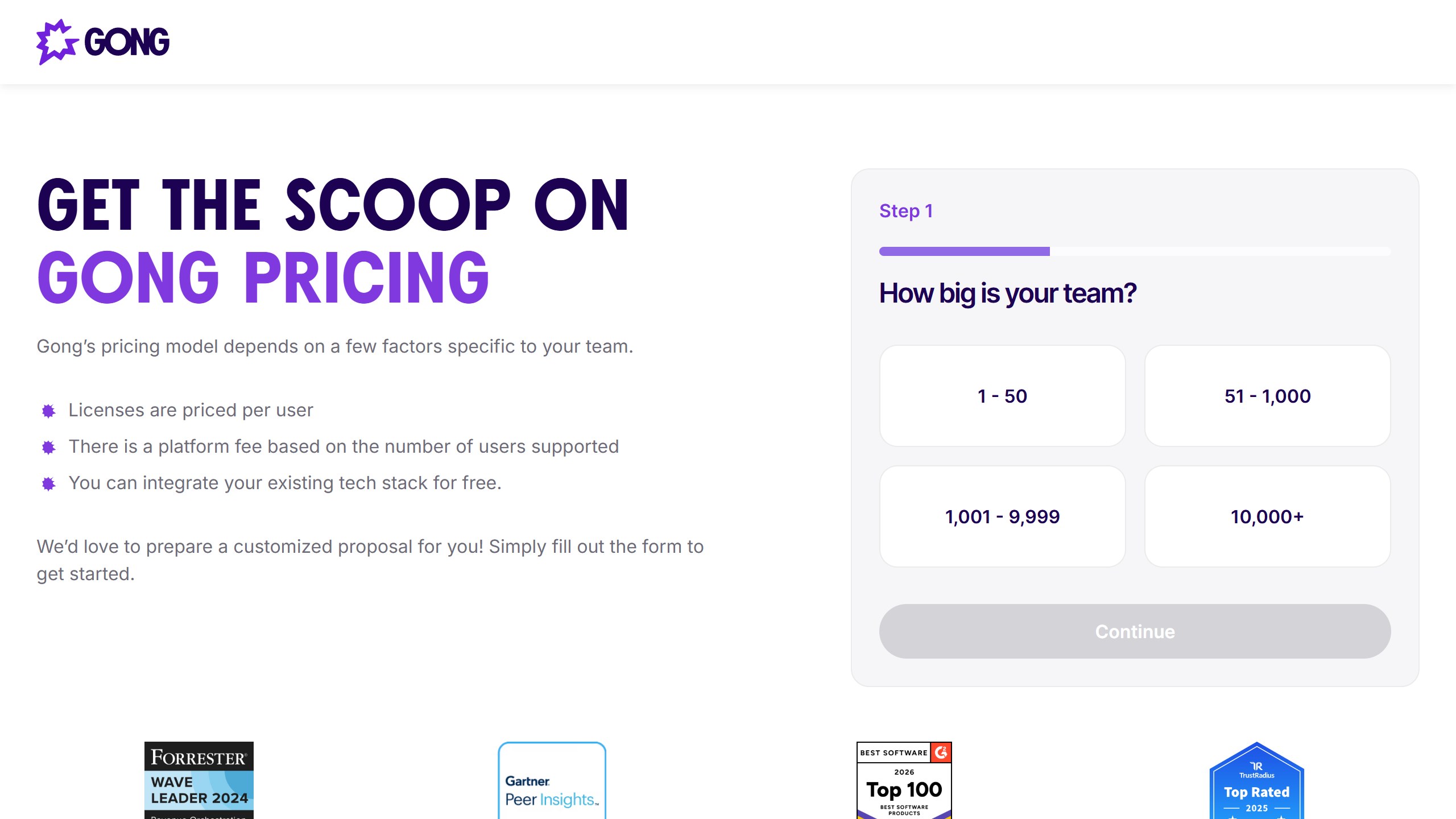 Gong pricing page publishing its two-component model, licences per user plus a platform fee based on users supported, captured 4 September 2026
