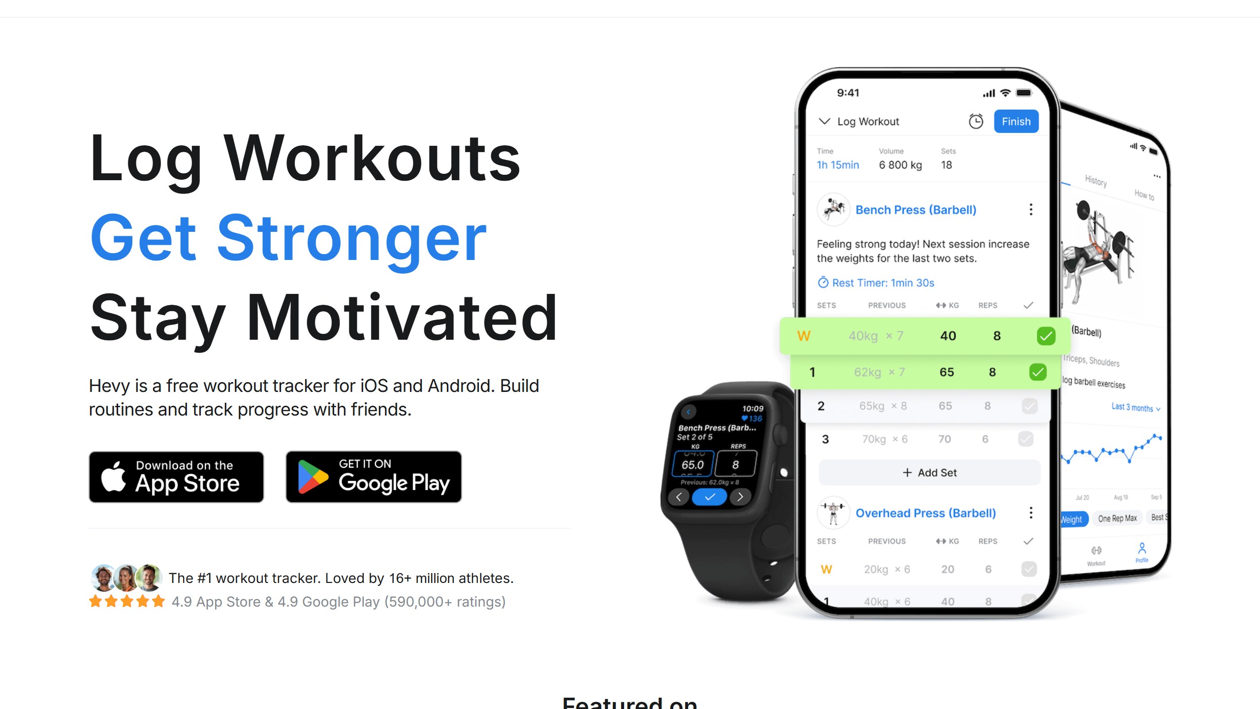 Hevy homepage describing Hevy as a free workout tracker for iOS and Android, with a phone and Apple Watch showing a logged workout