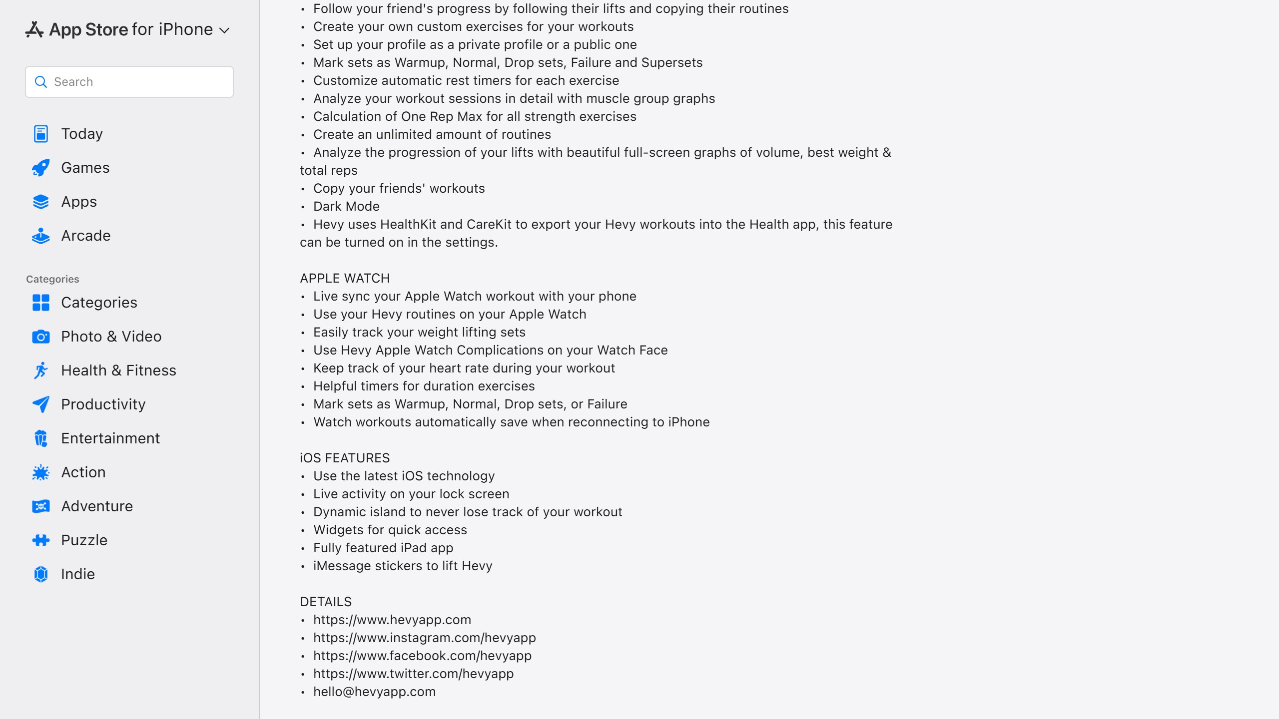 Hevy US App Store listing feature list including the line Create an unlimited amount of routines, alongside Apple Watch and iOS feature lists