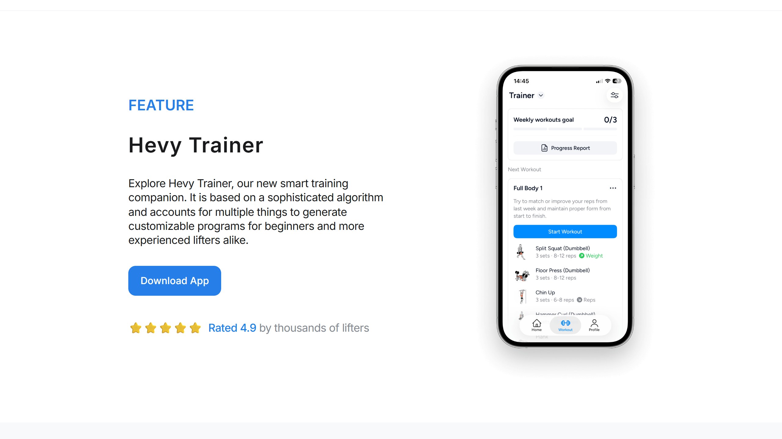 Hevy Trainer feature page describing a smart training companion based on a sophisticated algorithm