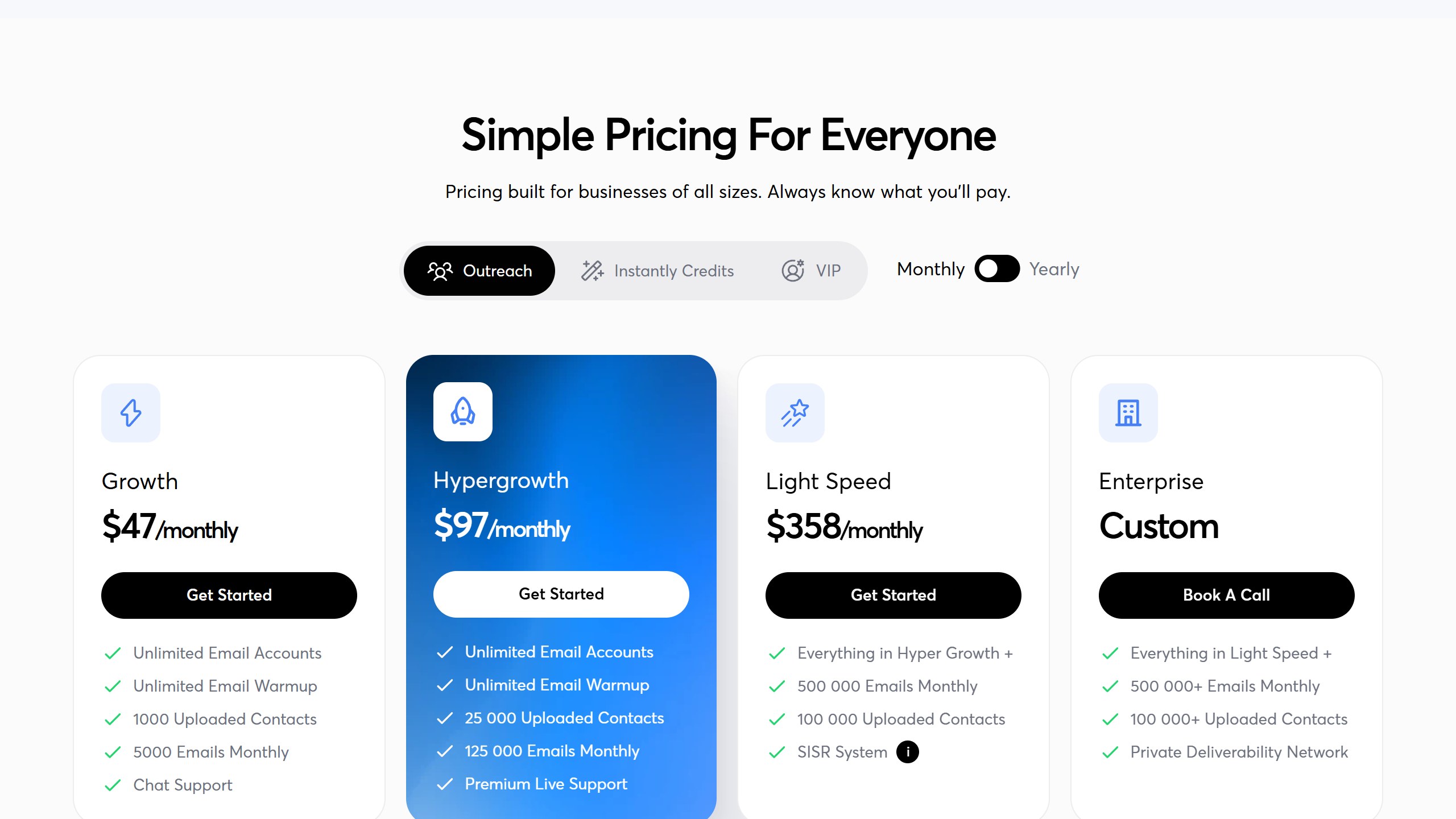 Instantly pricing page showing published plan figures rather than a contact form, captured 4 September 2026