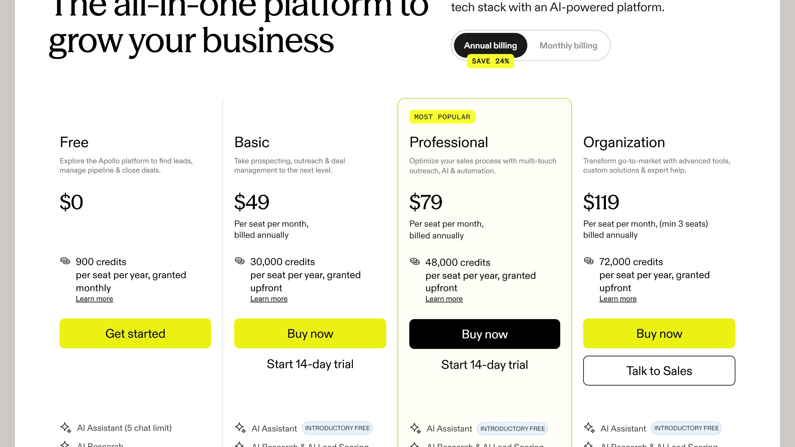Apollo.io pricing page publishing all four tiers with per seat per month figures and credit allowances, captured 4 September 2026