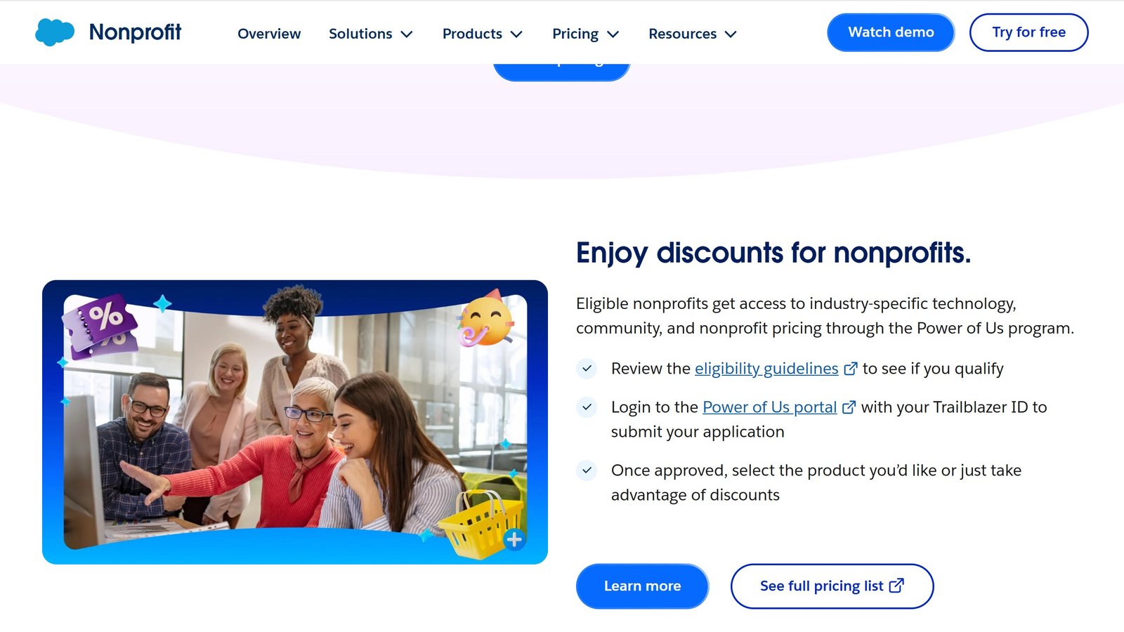Salesforce nonprofit pricing page showing the Power of Us programme granting ten free licences, captured 4 September 2026