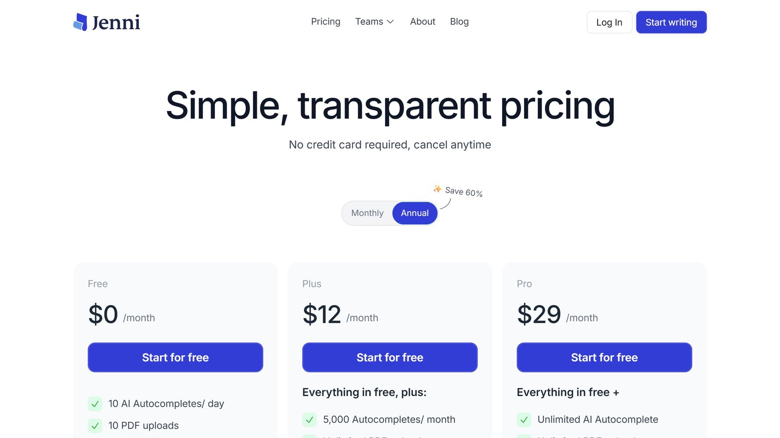 Jenni AI pricing page as published on 5 September 2026