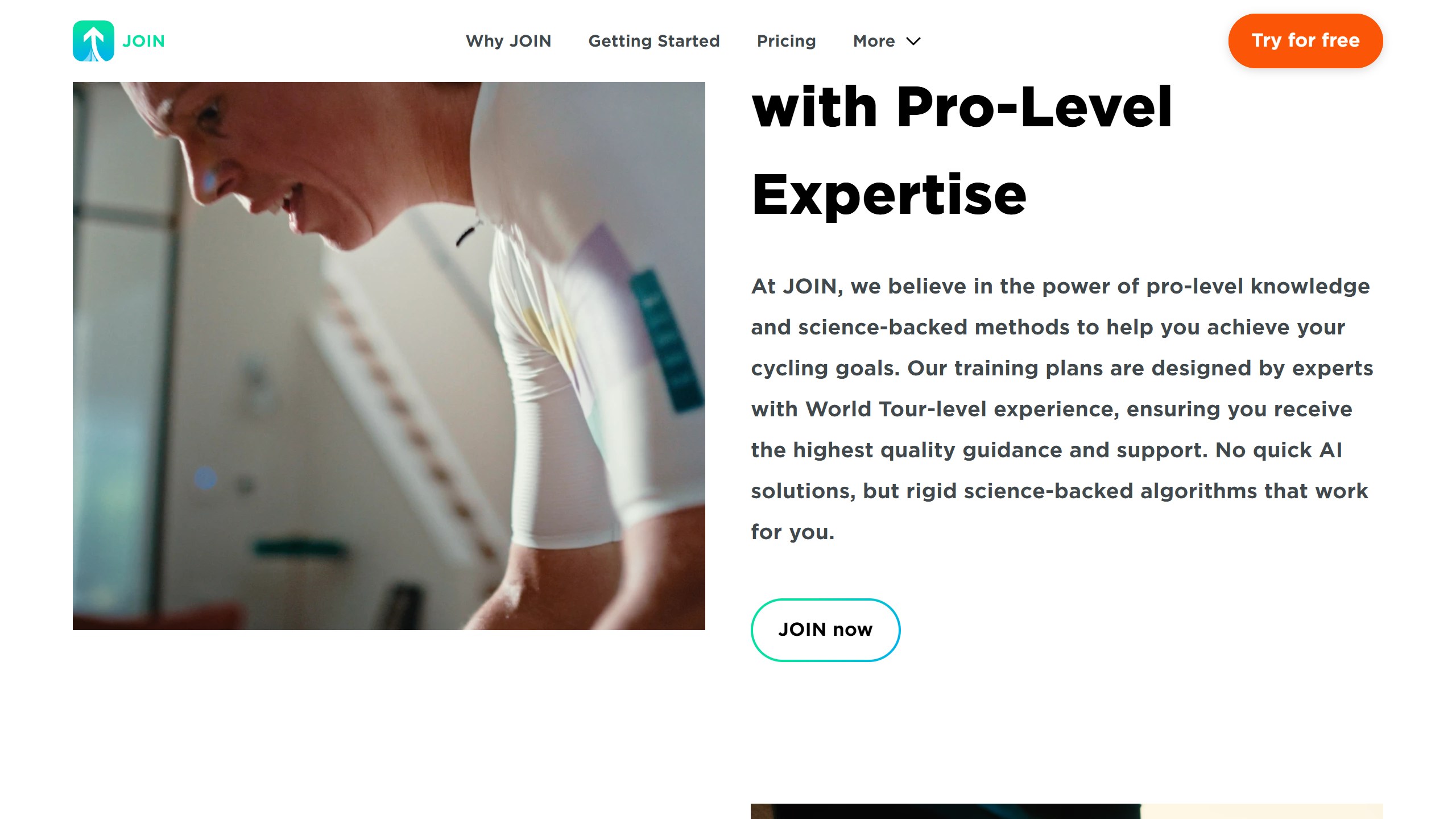JOIN Why JOIN page saying its plans are designed by experts with World Tour-level experience, with No quick AI solutions, but rigid science-backed algorithms