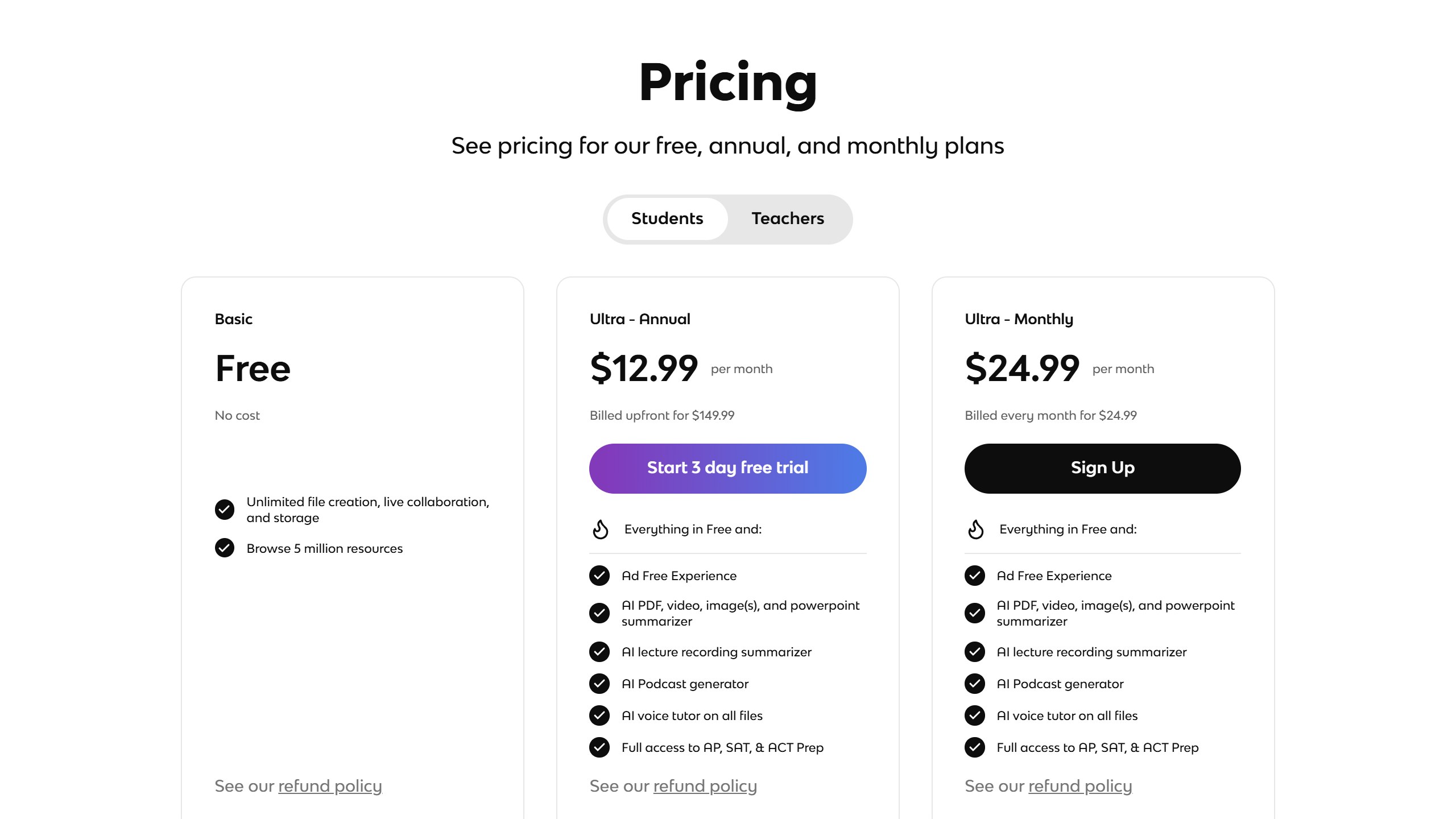 Knowt plans page showing a free Basic tier, Ultra Annual at $12.99 a month billed as $149.99 upfront with a 3 day free trial, and Ultra Monthly at $24.99