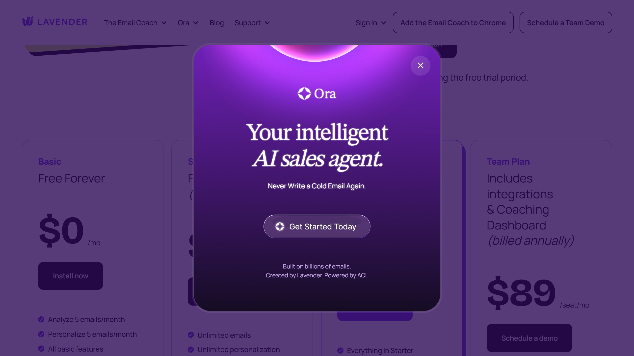 Lavender Email Coach pricing showing Basic free forever, Starter at 27 dollars, Individual Pro at 45 dollars and Team at 89 dollars per seat, all billed annually, captured 4 September 2026