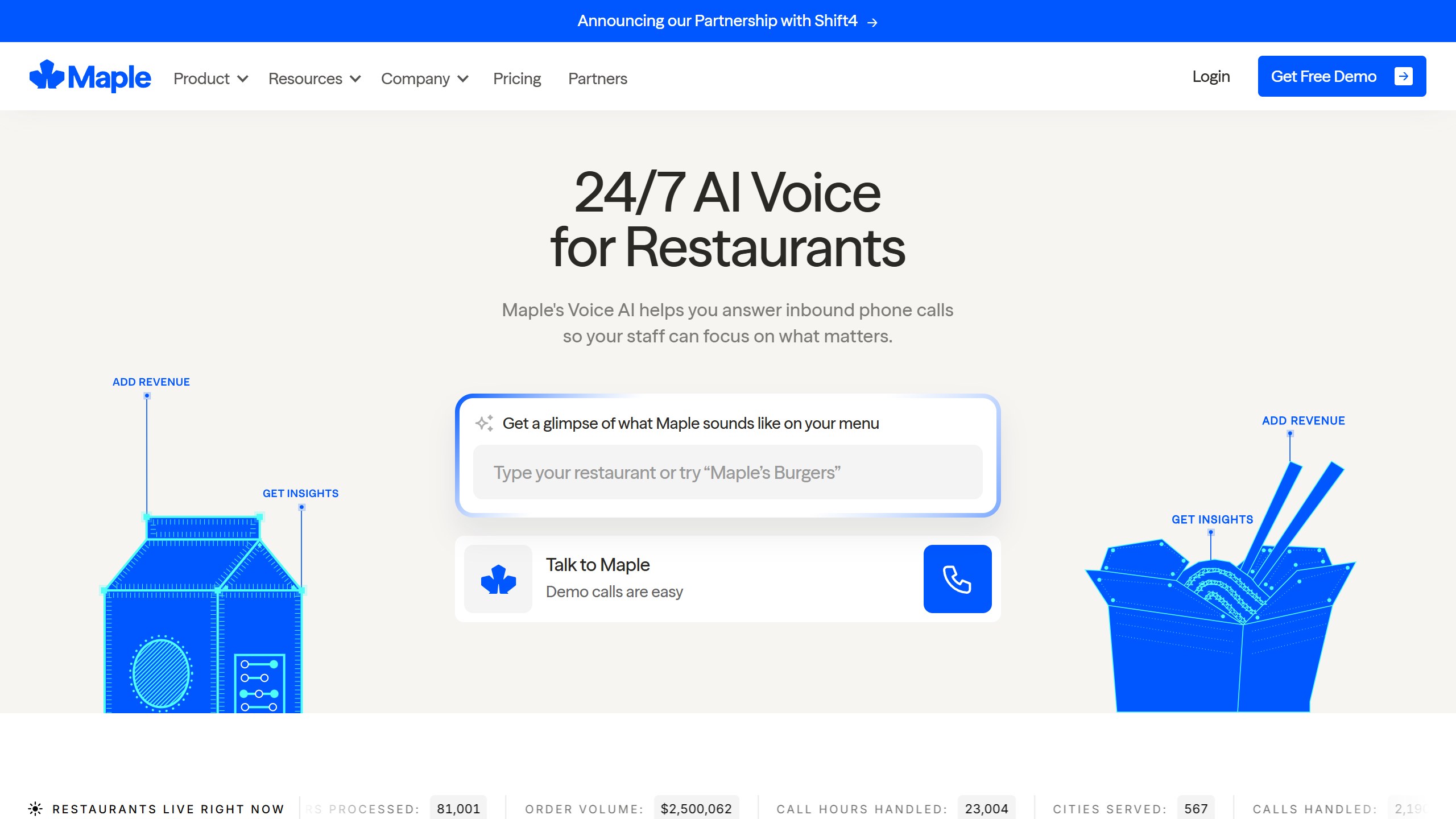 Maple voice AI homepage showing 24/7 AI voice for restaurants and the Talk to Maple demo control