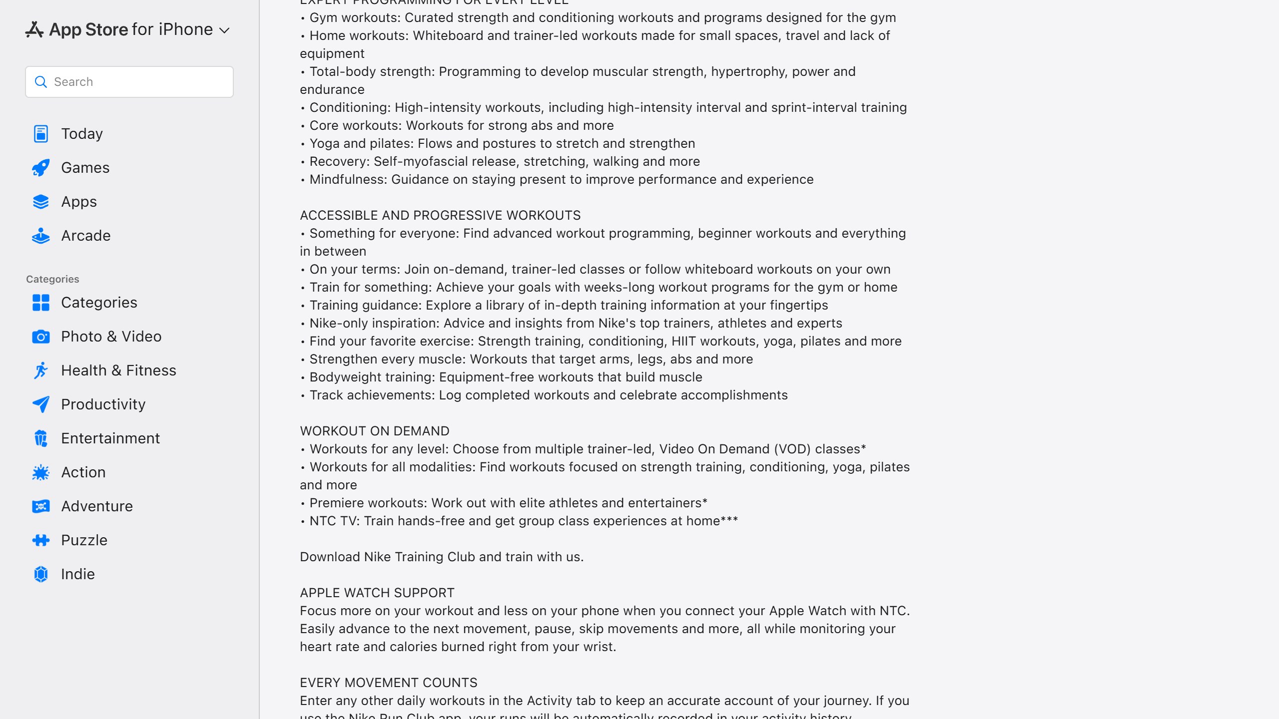 Nike Training Club US App Store listing describing its workout types, workout on demand classes and Apple Watch support