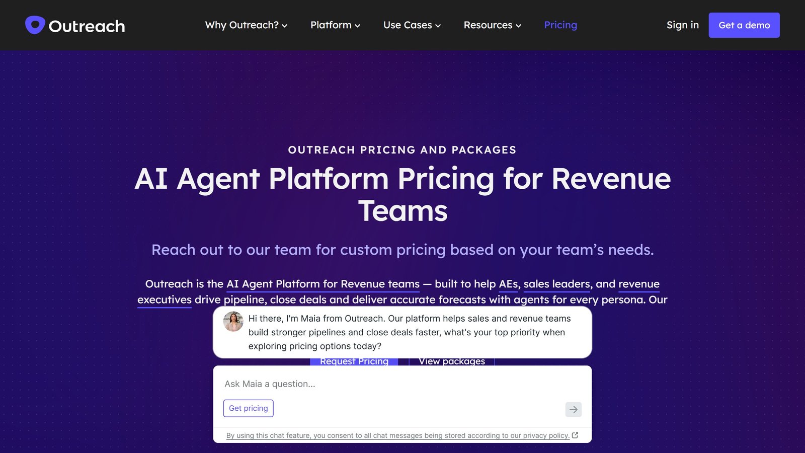 The Outreach pricing and packaging page at outreach.ai, showing tiers and features with no currency figure published, captured 4 September 2026