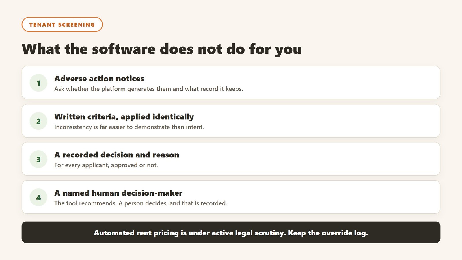 Tenant screening obligations software does not discharge: adverse action notices, written criteria, recorded decisions and a named decision-maker