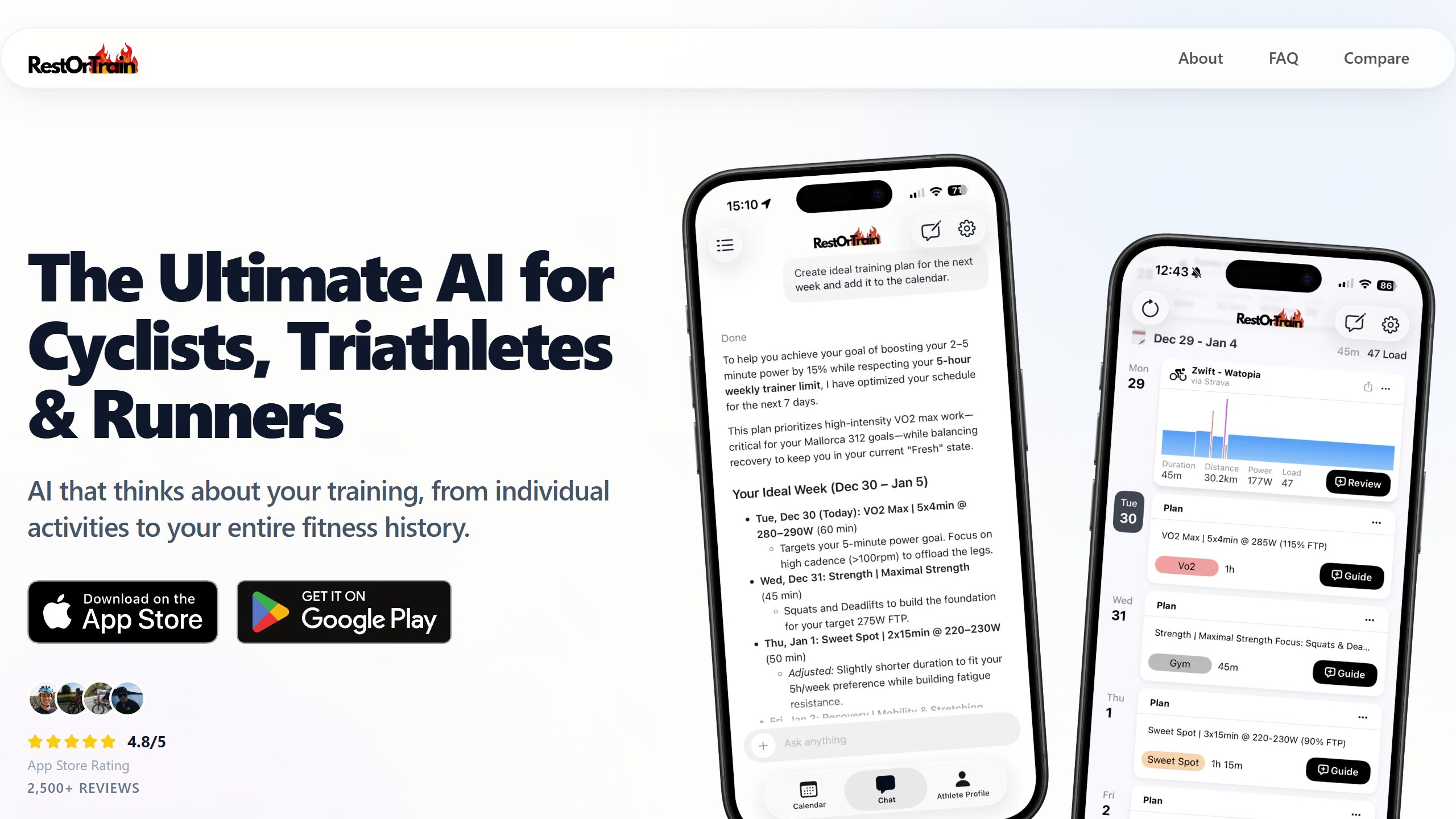 RestOrTrain homepage headline The Ultimate AI for Cyclists, Triathletes and Runners, with a chat coach on a phone and a 4.8 App Store rating badge citing 2,500+ reviews