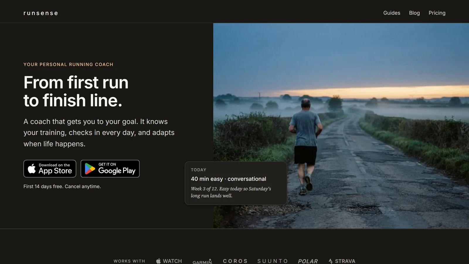 Runsense homepage showing an AI running coach that builds a training plan for your goal and messages you about each run