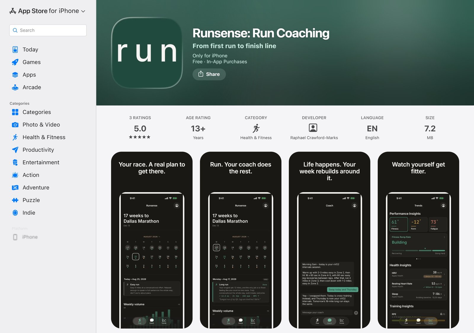 The Runsense: Run Coaching listing on the App Store, published by Raphael Crawford-Marks, iPhone only