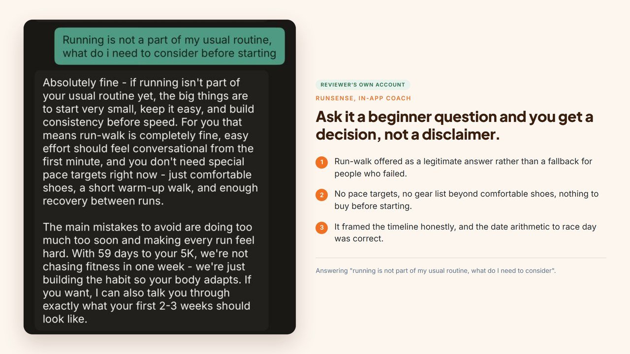 Runsense coaching conversation telling a new runner that run-walk is fine, that no pace targets are needed yet, and that 59 days out the job is building the habit