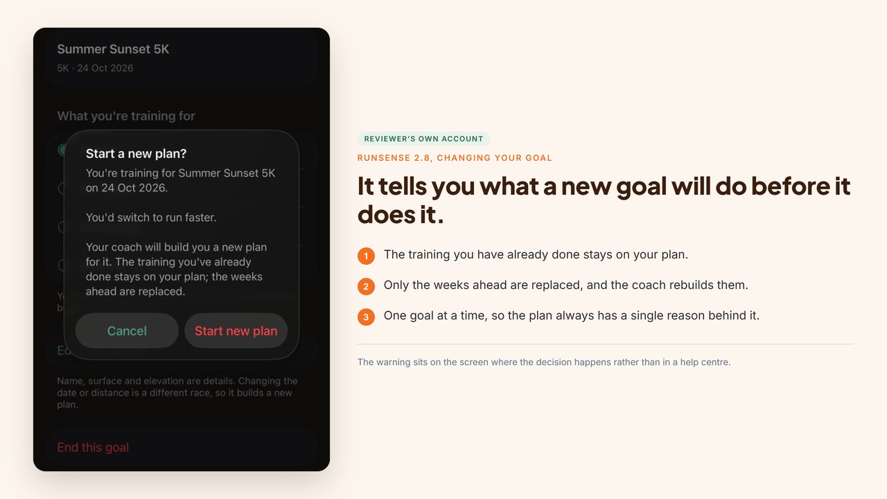 Runsense dialog explaining that switching goal builds a new plan, that training already done stays on the plan and only the weeks ahead are replaced