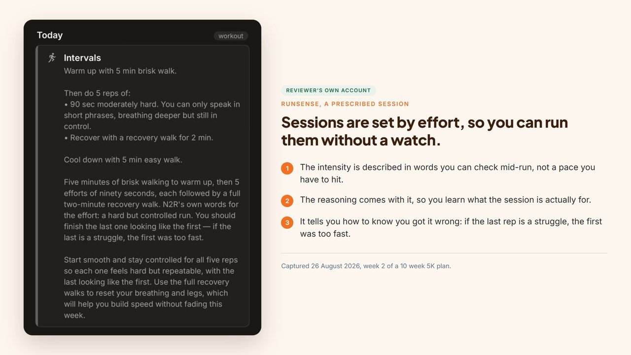 A Runsense intervals session describing five 90 second efforts at an intensity where you can only speak in short phrases, with no pace target given