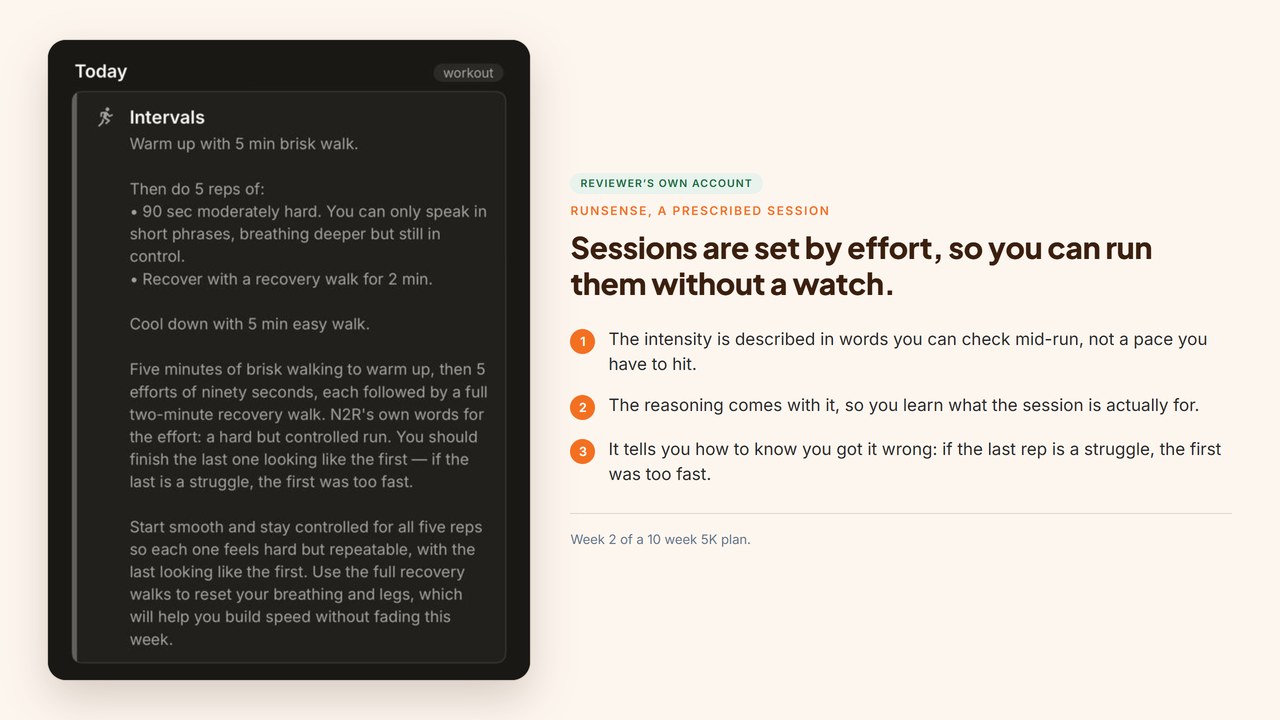 A Runsense intervals session describing five 90 second efforts at an intensity where you can only speak in short phrases, with no pace target given