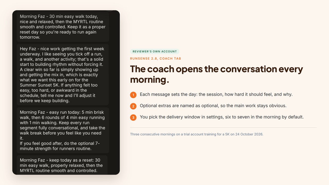 Three Runsense morning messages that arrive without being asked, each setting the day: a 30 minute easy walk with the MYRTL routine, an easy run of six four minute rounds, and a note on the first week of training