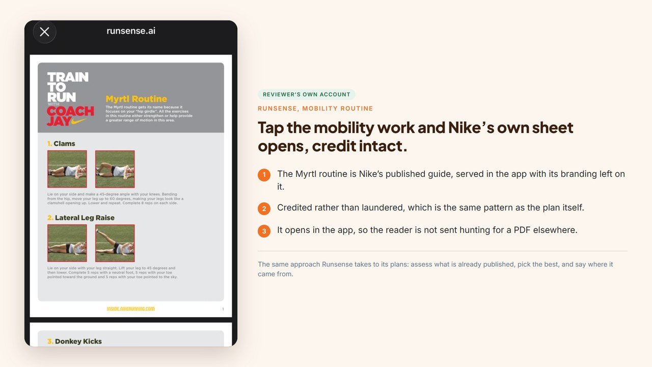 The Myrtl mobility routine opening inside Runsense as Nike’s published Train to Run sheet