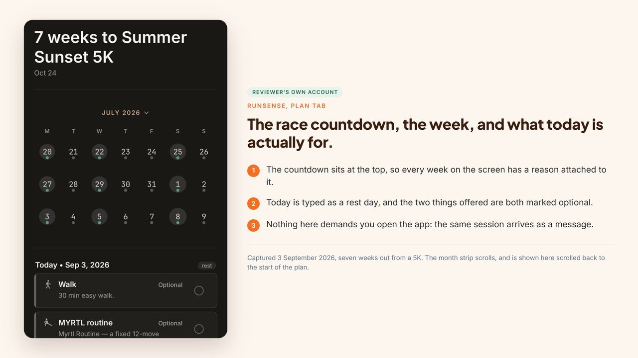 The Runsense plan screen showing the race countdown, the scrollable month strip, and today marked as a rest day with two optional sessions