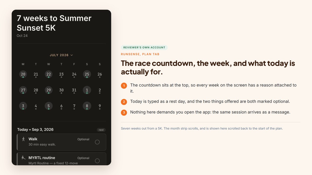 The Runsense plan screen showing the race countdown, the scrollable month strip, and today marked as a rest day with two optional sessions