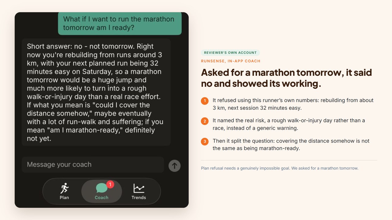 The Runsense coach refusing a marathon tomorrow, using the runner’s own mileage and next scheduled session