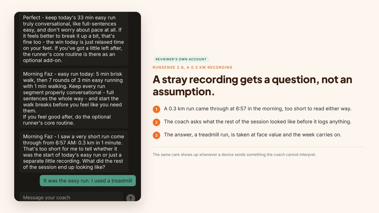 Runsense coach asking about a 0.3 km run recorded at 6:57 AM, whether it was the start of the easy run or a separate recording, with the runner replying that it was a treadmill session